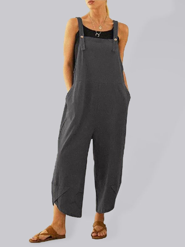 Solid color casual button up suspender jumpsuit - Serenity Land fashion