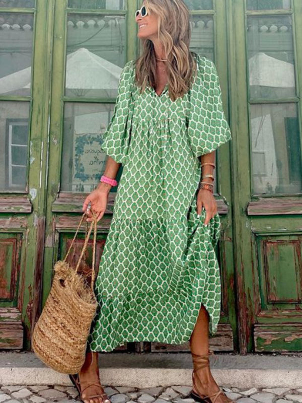 Geometric Print Puff-sleeve Maxi Dress - Serenity Land fashion
