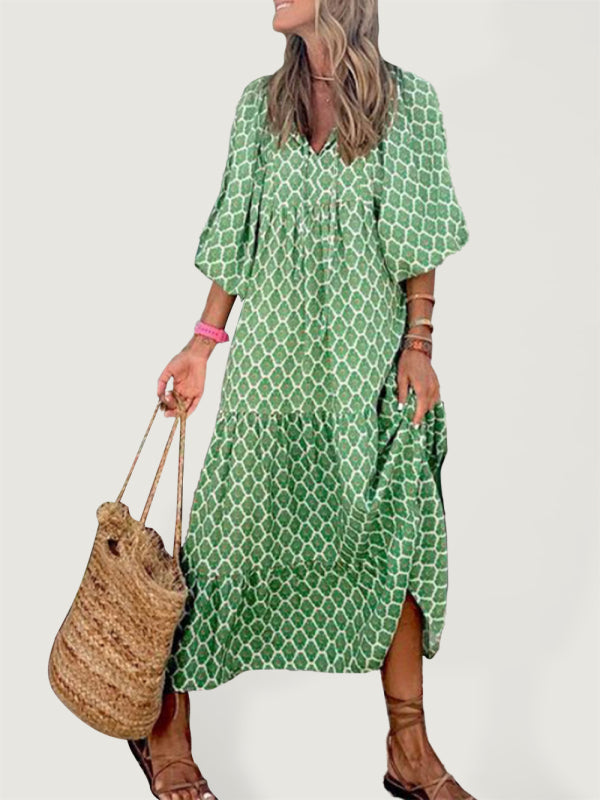 Geometric Print Puff-sleeve Maxi Dress - Serenity Land fashion