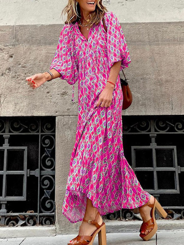 Geometric Print Puff-sleeve Maxi Dress - Serenity Land fashion