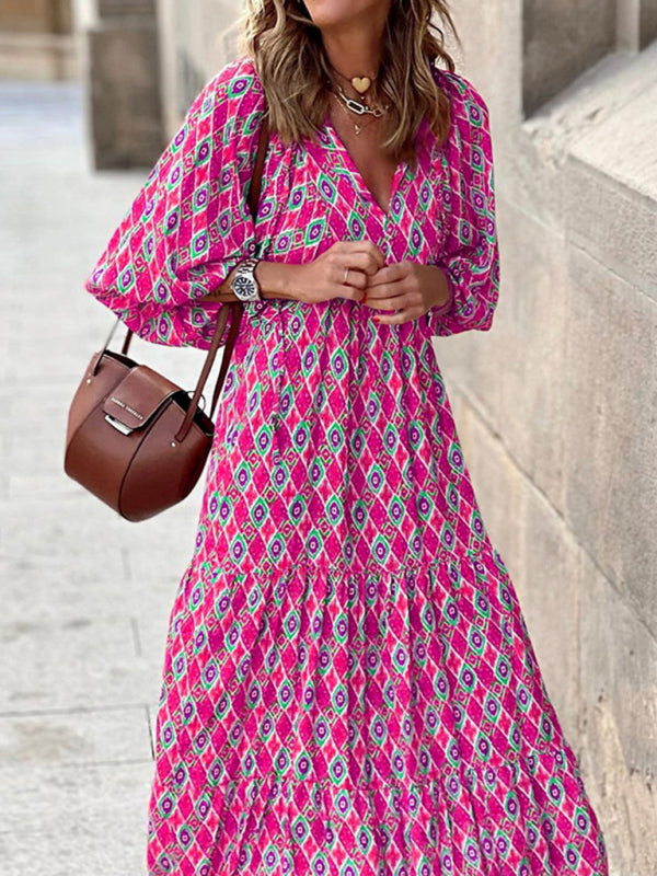 Geometric Print Puff-sleeve Maxi Dress - Serenity Land fashion