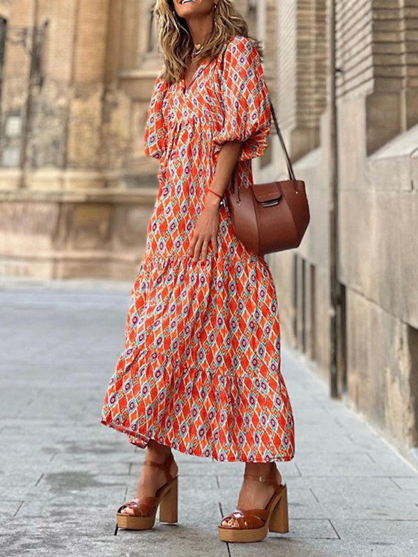 Geometric Print Puff-sleeve Maxi Dress - Serenity Land fashion