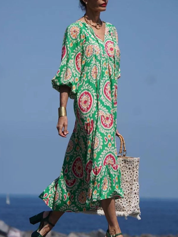 Geometric Print Puff-sleeve Maxi Dress - Serenity Land fashion