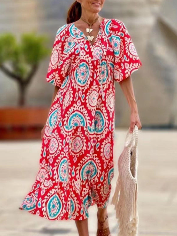 Geometric Print Puff-sleeve Maxi Dress - Serenity Land fashion