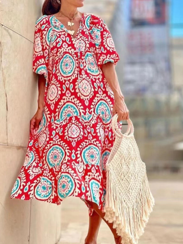 Geometric Print Puff-sleeve Maxi Dress - Serenity Land fashion