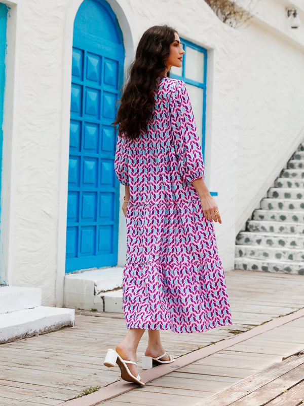 Geometric Print Puff-sleeve Maxi Dress - Serenity Land fashion