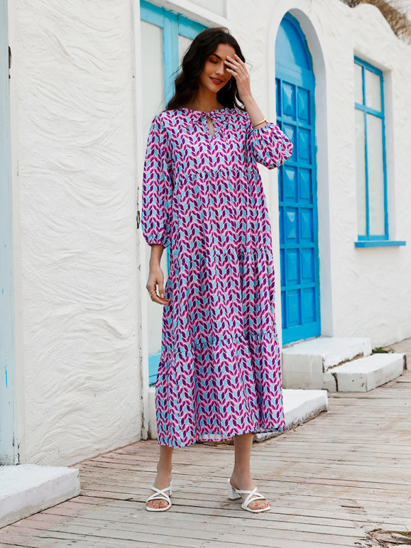 Geometric Print Puff-sleeve Maxi Dress - Serenity Land fashion