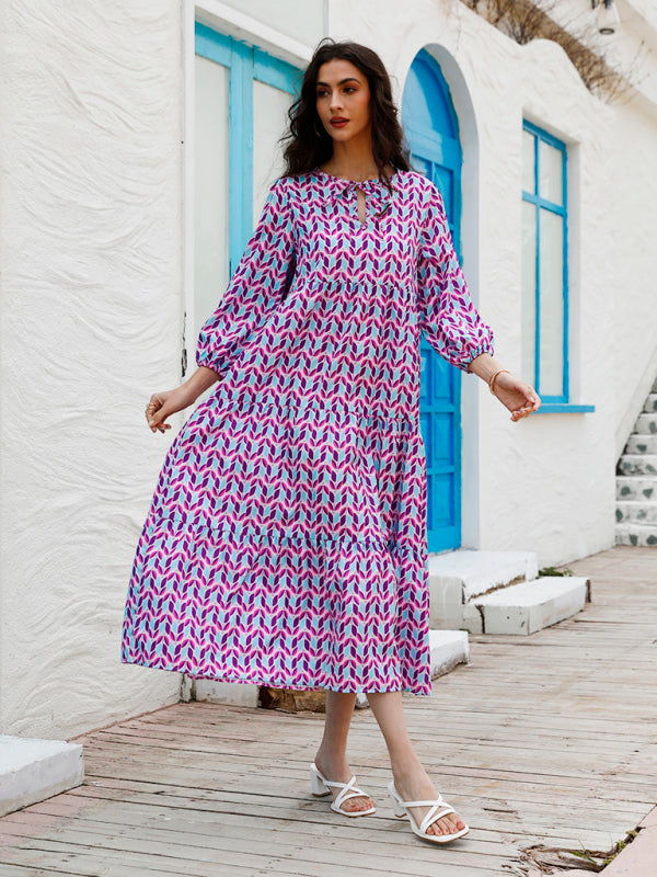 Geometric Print Puff-sleeve Maxi Dress - Serenity Land fashion