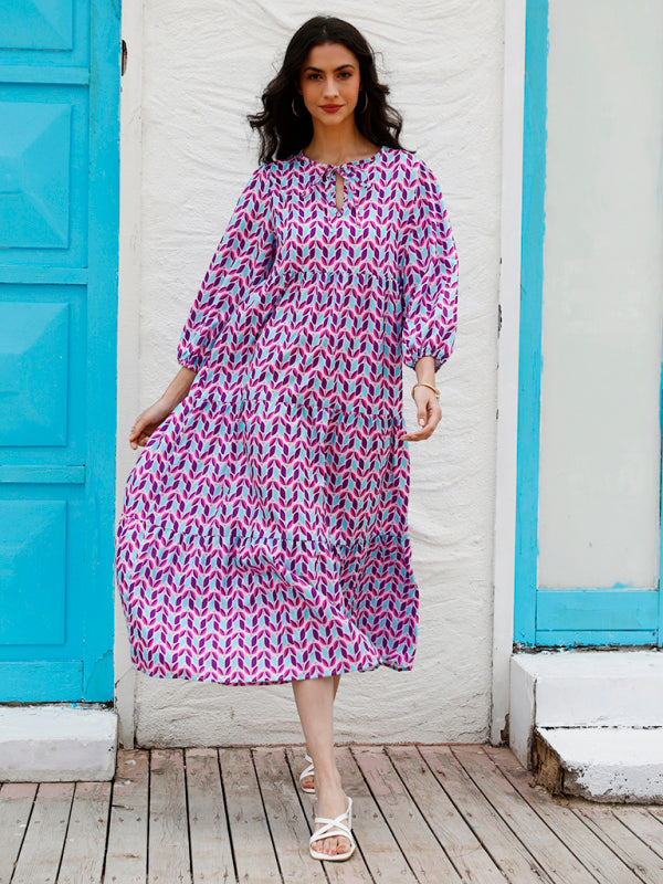 Geometric Print Puff-sleeve Maxi Dress - Serenity Land fashion