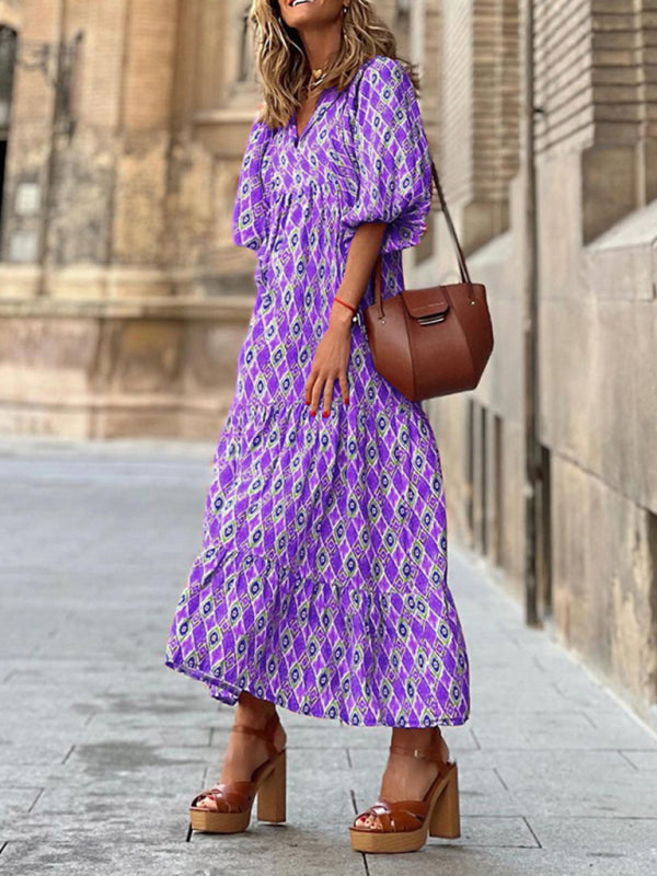 Geometric Print Puff-sleeve Maxi Dress - Serenity Land fashion