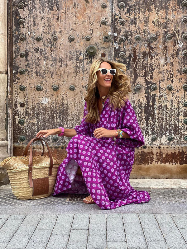 Geometric Print Puff-sleeve Maxi Dress - Serenity Land fashion