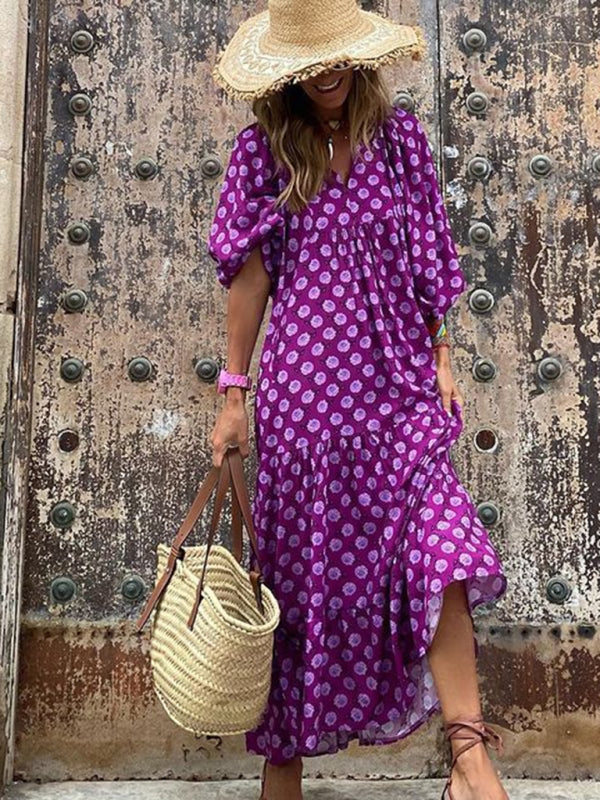 Geometric Print Puff-sleeve Maxi Dress - Serenity Land fashion