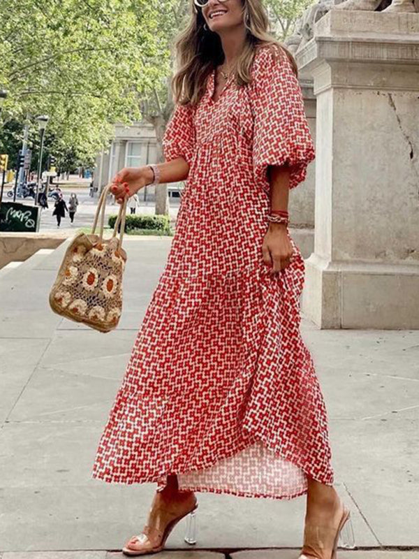 Geometric Print Puff-sleeve Maxi Dress - Serenity Land fashion
