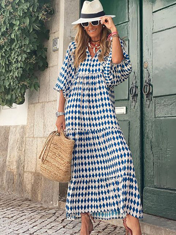 Geometric Print Puff-sleeve Maxi Dress - Serenity Land fashion