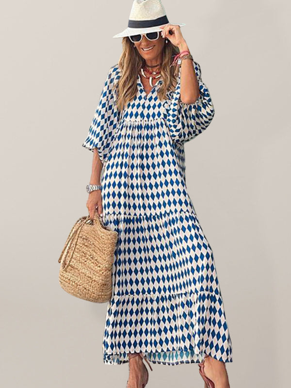 Geometric Print Puff-sleeve Maxi Dress - Serenity Land fashion