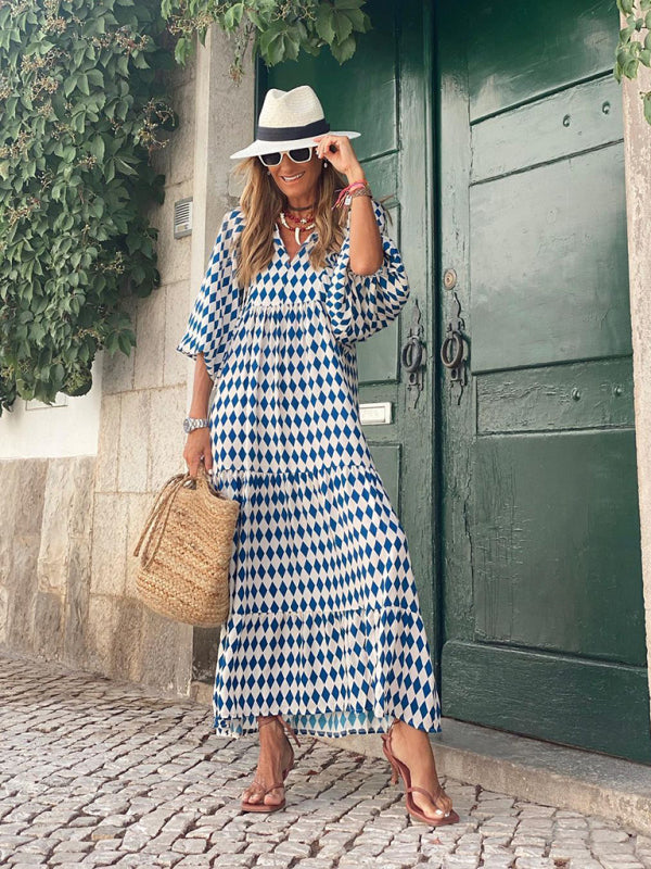 Geometric Print Puff-sleeve Maxi Dress - Serenity Land fashion