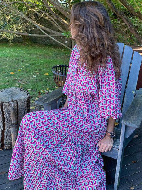 Geometric Print Puff-sleeve Maxi Dress - Serenity Land fashion