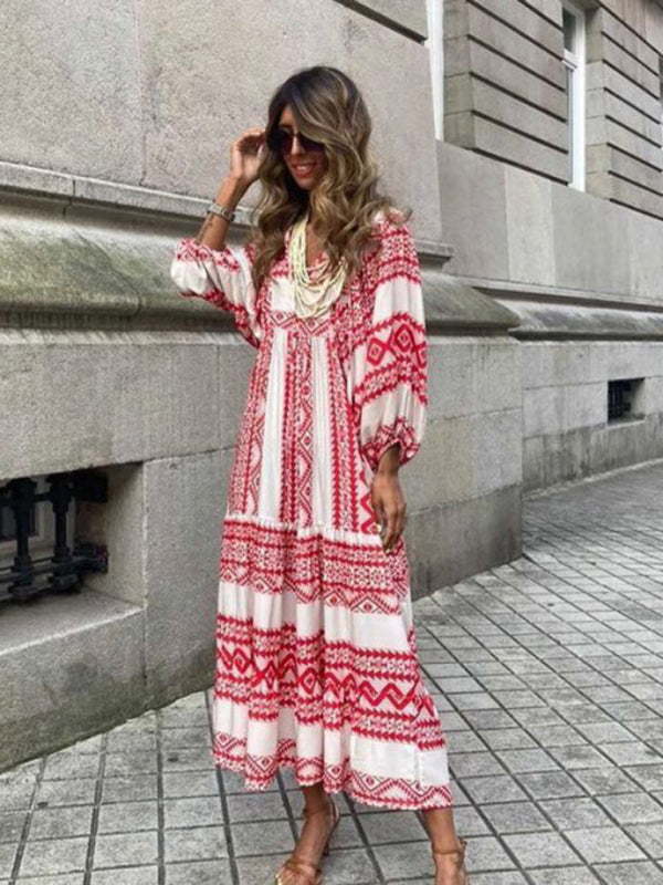 Geometric Print Puff-sleeve Maxi Dress - Serenity Land fashion