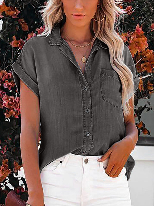 Denim Short-sleeve Button-up Shirt