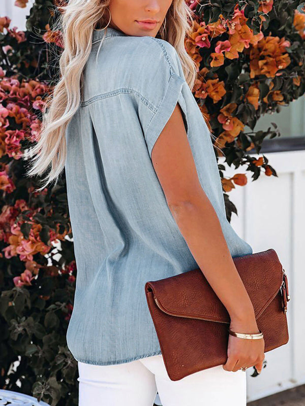 Denim Short-sleeve Button-up Shirt