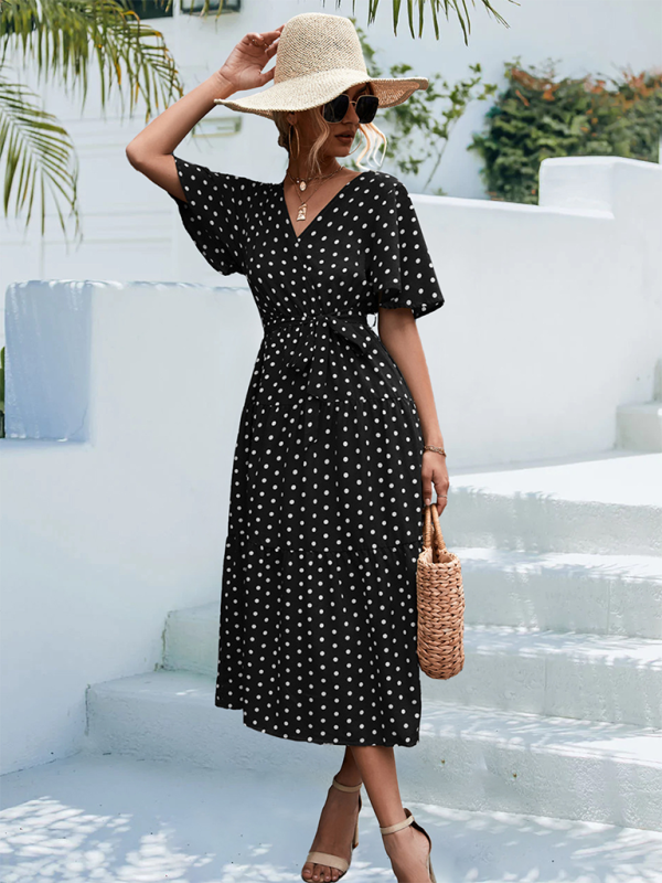 Polka Dot Print V-neck Faux Wrap Midi Dress