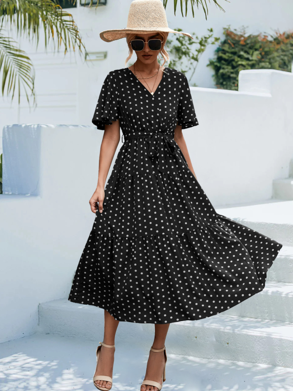 Polka Dot Print V-neck Faux Wrap Midi Dress