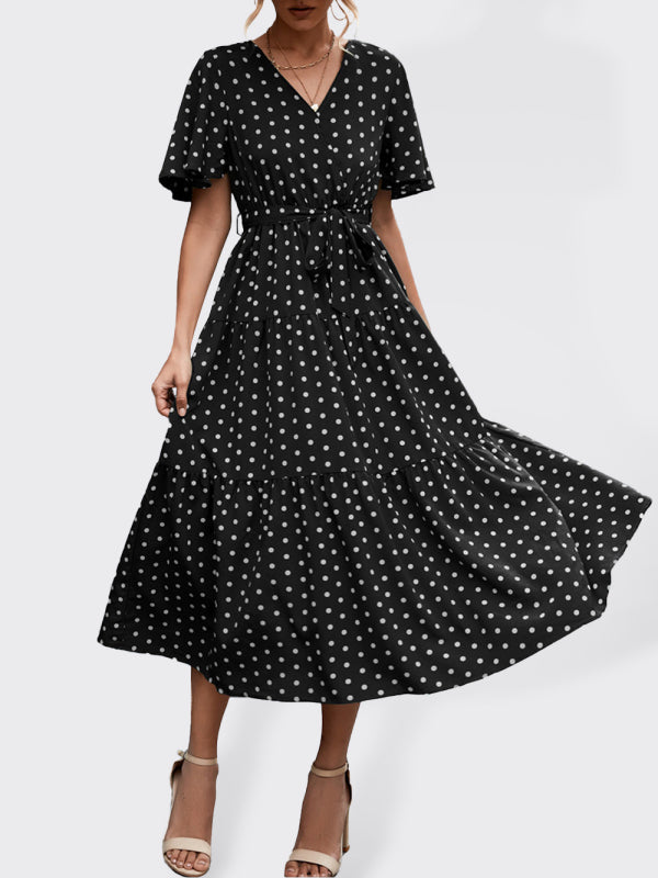 Polka Dot Print V-neck Faux Wrap Midi Dress