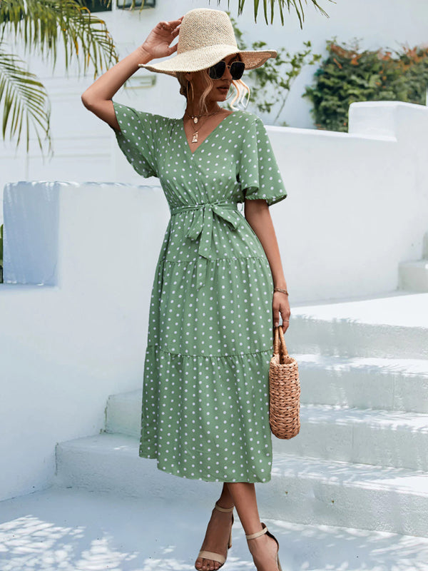 Polka Dot Print V-neck Faux Wrap Midi Dress