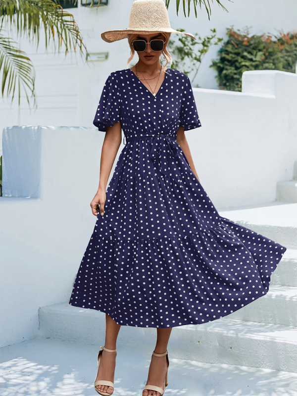 Polka Dot Print V-neck Faux Wrap Midi Dress