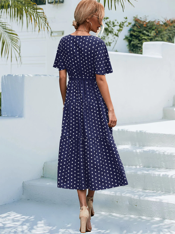 Polka Dot Print V-neck Faux Wrap Midi Dress
