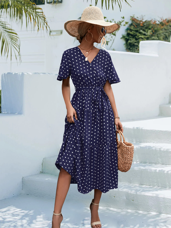 Polka Dot Print V-neck Faux Wrap Midi Dress