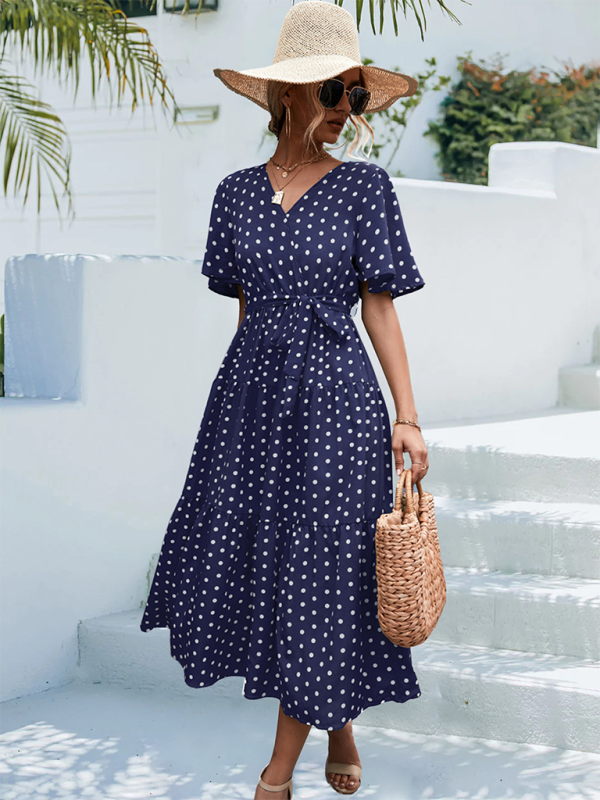 Polka Dot Print V-neck Faux Wrap Midi Dress