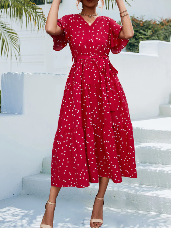 Polka Dot Print V-neck Faux Wrap Midi Dress