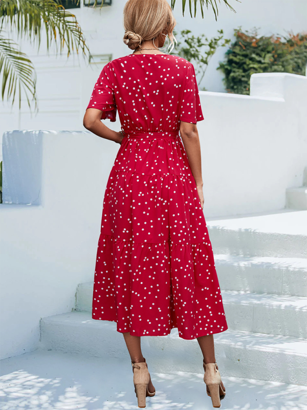 Polka Dot Print V-neck Faux Wrap Midi Dress
