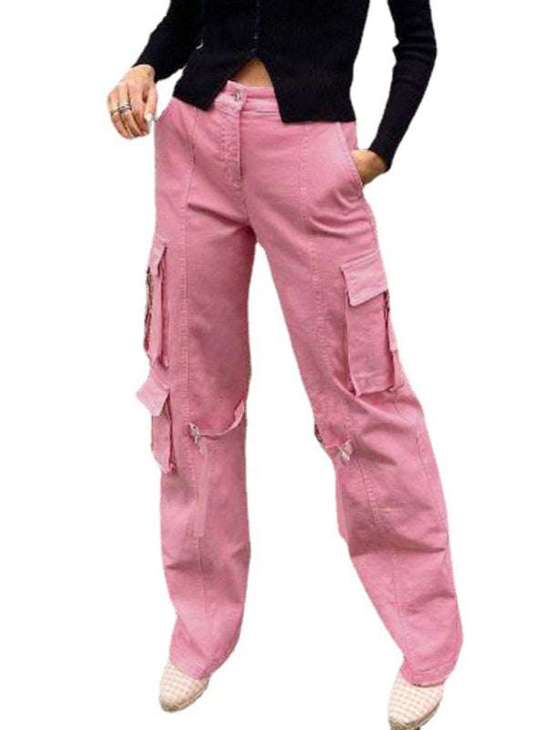 Solid Color Multi Pockets Cargo Pants - Serenity Land fashion