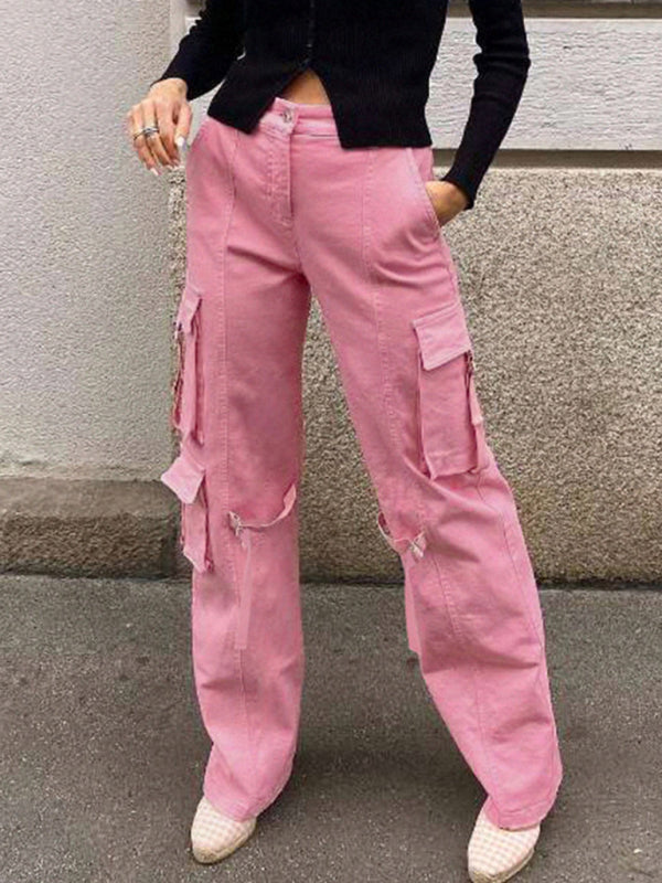 Solid Color Multi Pockets Cargo Pants - Serenity Land fashion