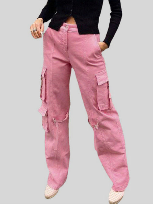 Solid Color Multi Pockets Cargo Pants - Serenity Land fashion