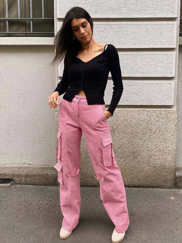 Solid Color Multi Pockets Cargo Pants - Serenity Land fashion