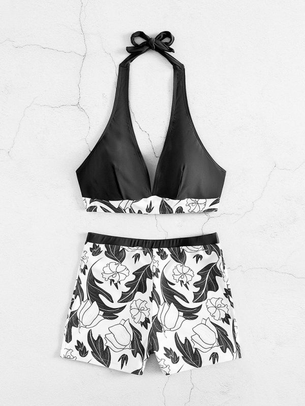 Printed Bikini Top And High-waist Bottoms Shorts Set - Serenity Land fashion