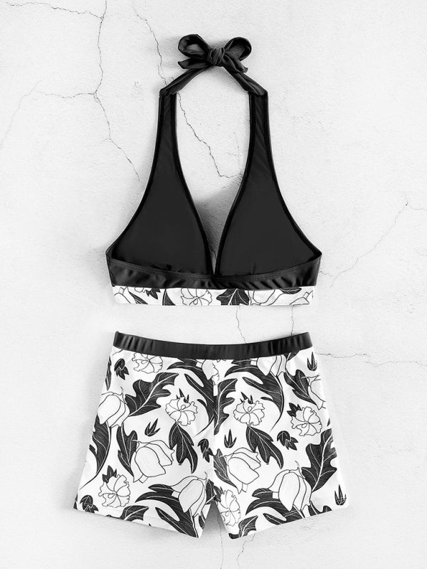 Printed Bikini Top And High-waist Bottoms Shorts Set - Serenity Land fashion