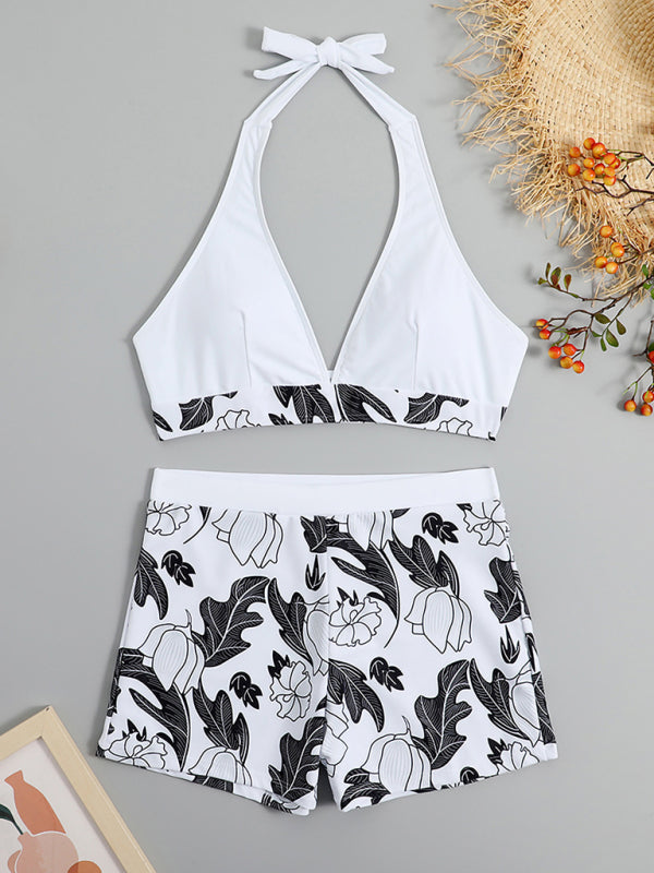 Printed Bikini Top And High-waist Bottoms Shorts Set - Serenity Land fashion