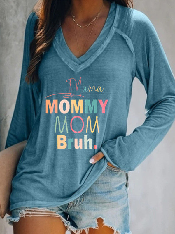 V-neck Long Sleeve Mum Graphic Print T-shirt