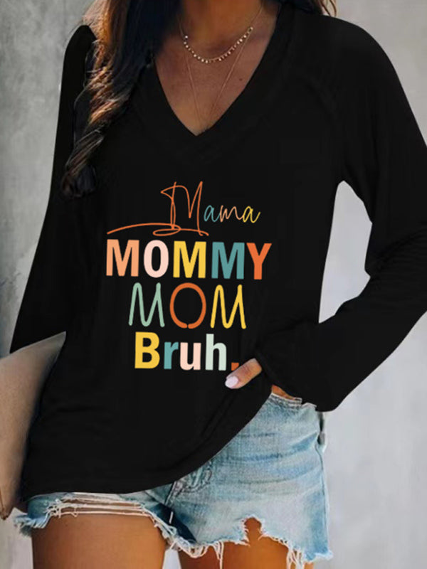 V-neck Long Sleeve Mum Graphic Print T-shirt