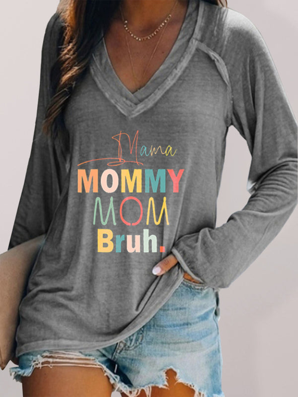 V-neck Long Sleeve Mum Graphic Print T-shirt