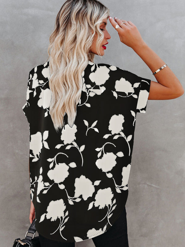 Floral-print V-neck Puff-sleeve Top - Serenity Land fashion