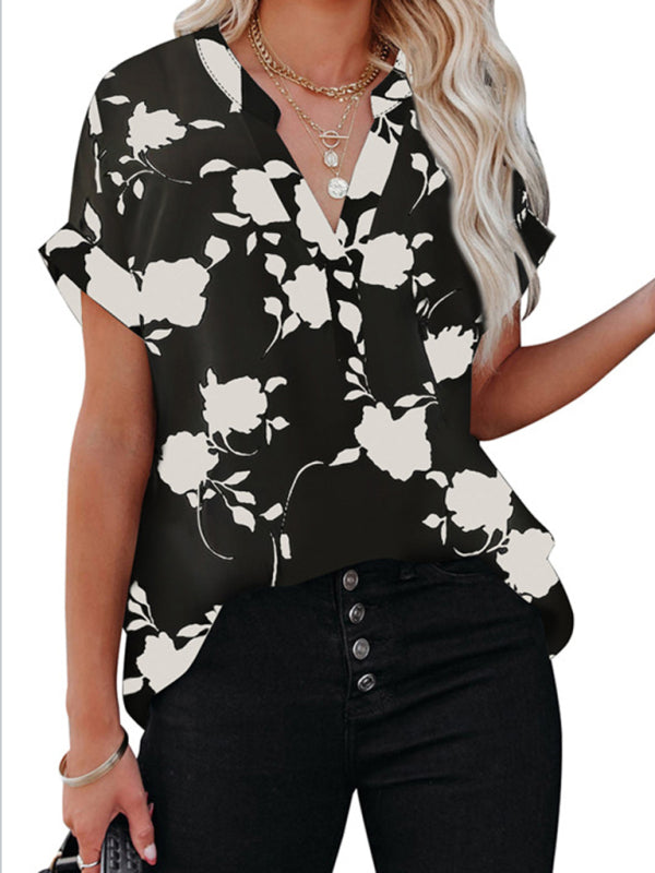 Floral-print V-neck Puff-sleeve Top - Serenity Land fashion