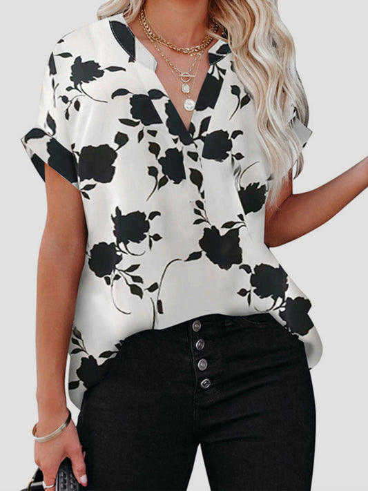 Floral-print V-neck Puff-sleeve Top - Serenity Land fashion