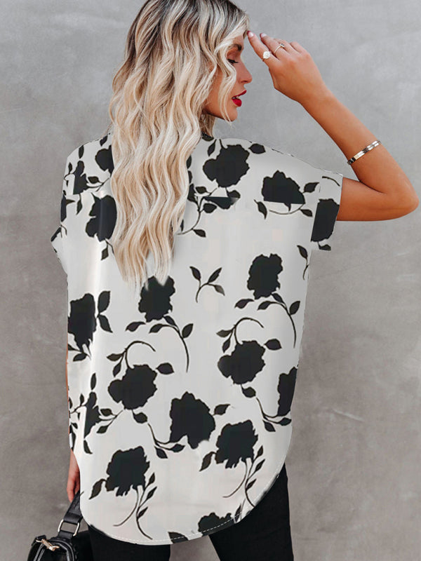 Floral-print V-neck Puff-sleeve Top - Serenity Land fashion