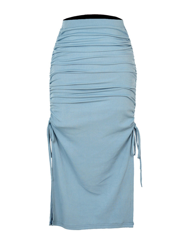 Solid Color Side Lace Knit Ruched Mid Skirt - Serenity Land fashion