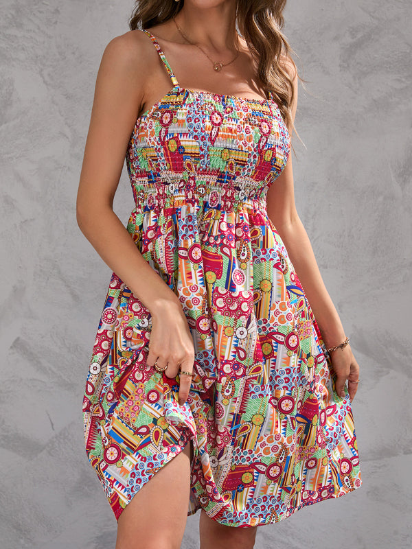 Vibrant Print Adventure Smocked Strap Mini Dress - Serenity Land fashion